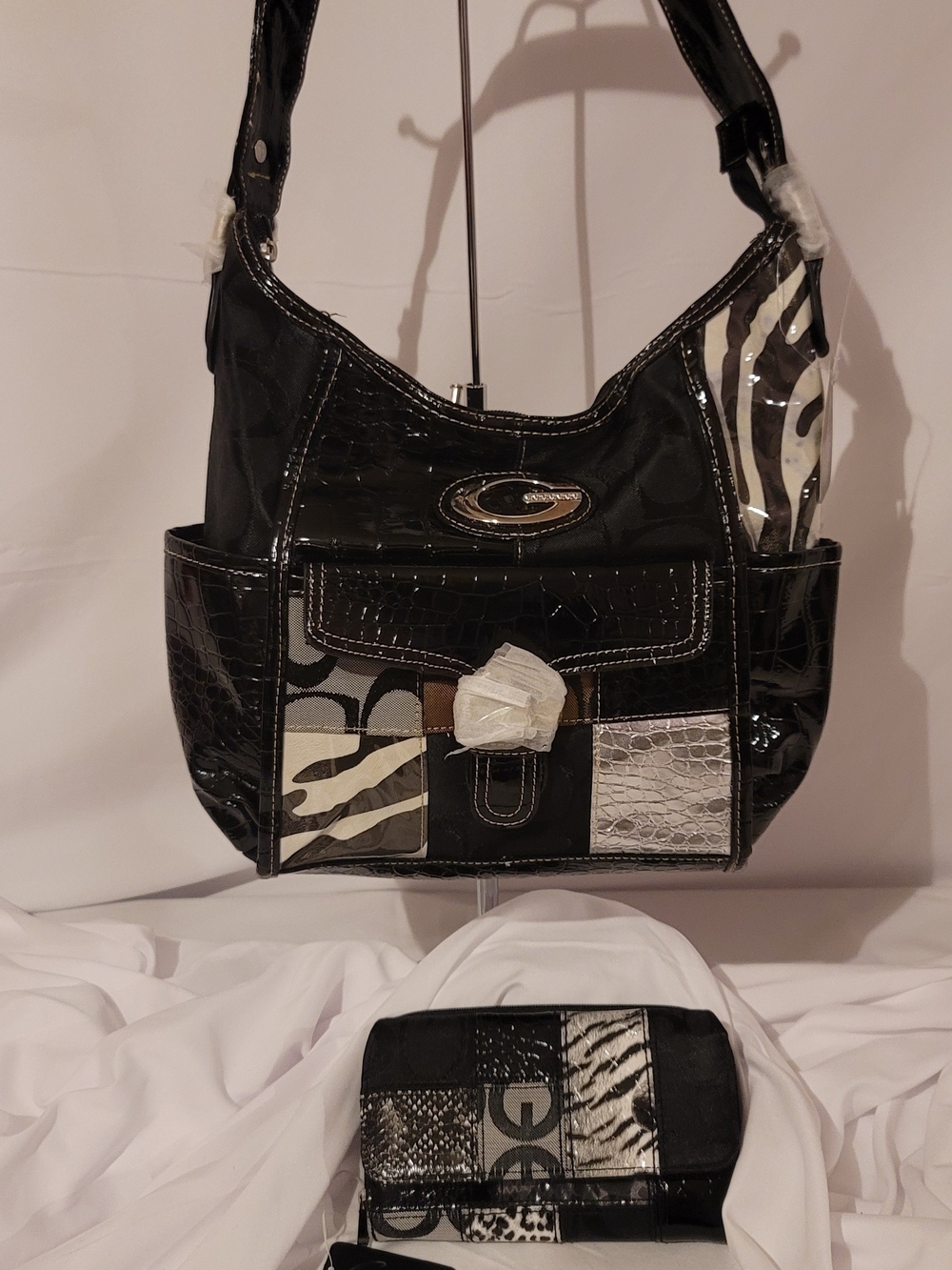 Candie's Black/Pied Mixed Animal Print Hobo Bag + Matching Wallet Set